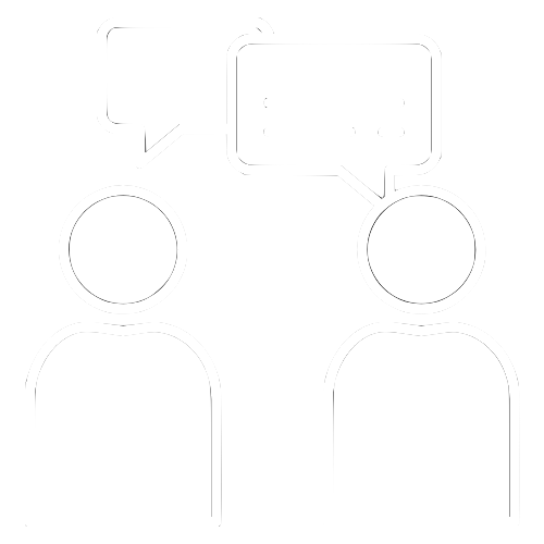 Two outlined figures with speech bubbles representing conversation